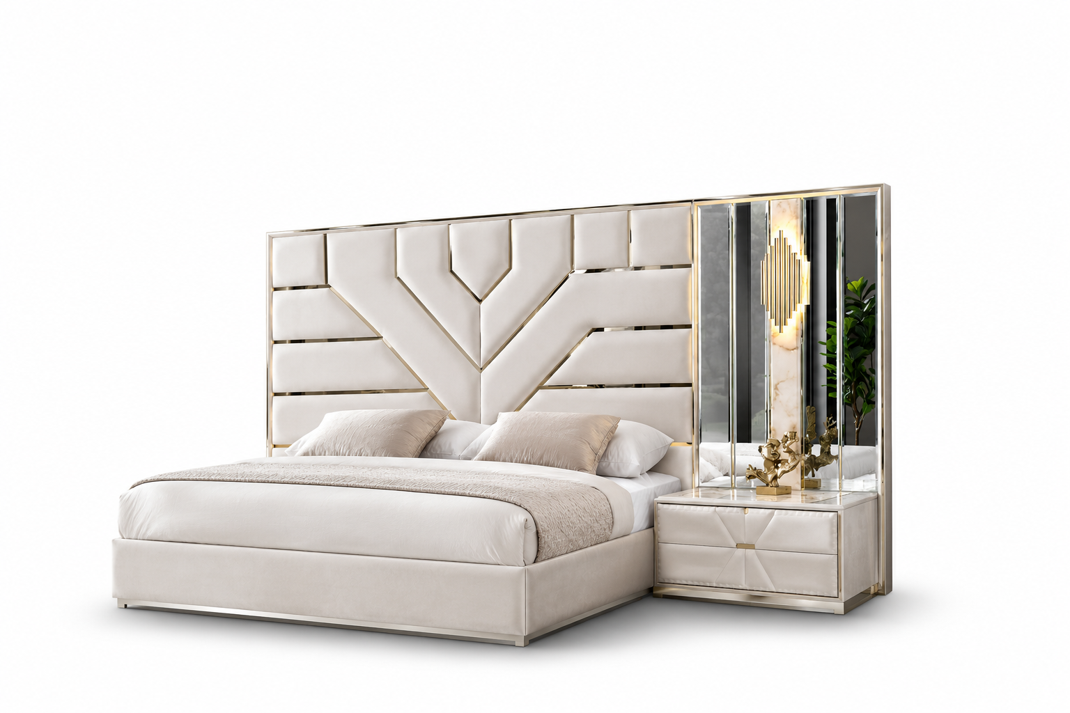 Ivory Chevron Bed with Mirrored Nightstand