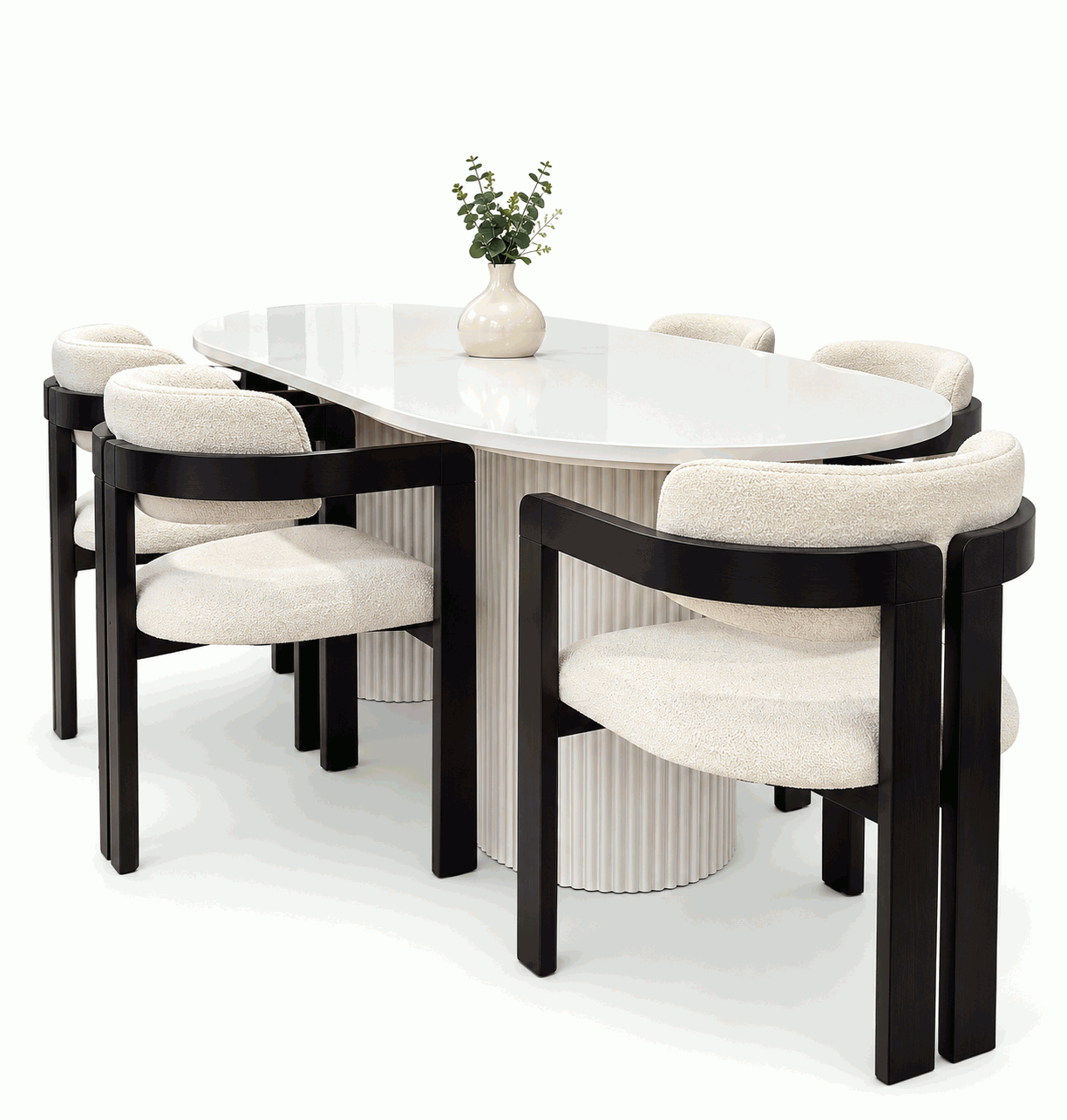 White Oval Dining Set with Bouclé Chairs